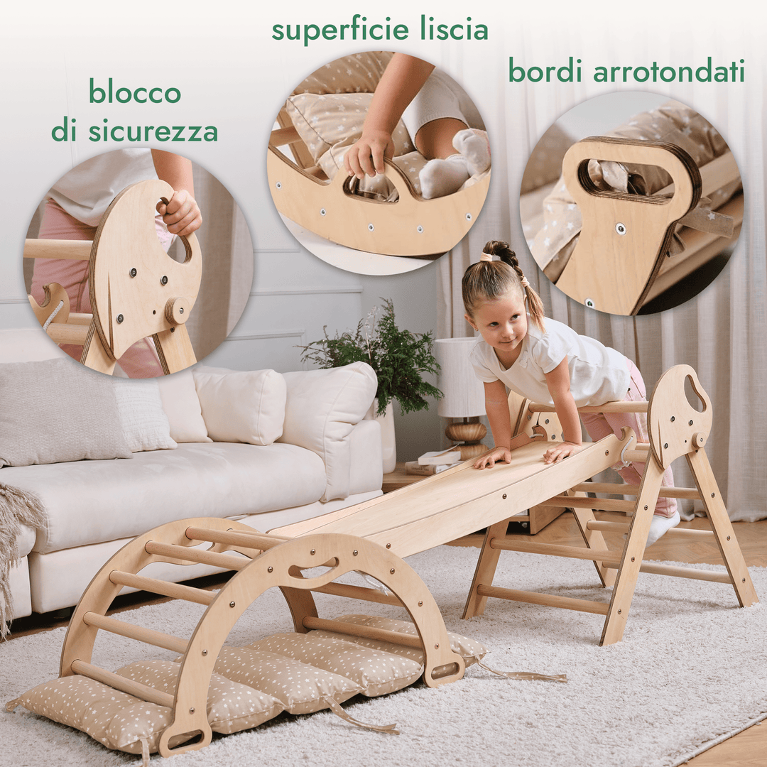 Set 4in1 Montessori per arrampicata: Triangolo di Pikler, Arco, Tavola scivolo e Cuscino – per bambini da 1 a 3 anni - Goodevas IT