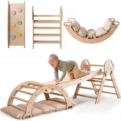 Set 5in1 Montessori per arrampicata: Triangolo di Pikler, Arco, Tavola scivolo e Cuscino – per bambini da 1 a 3 anni
