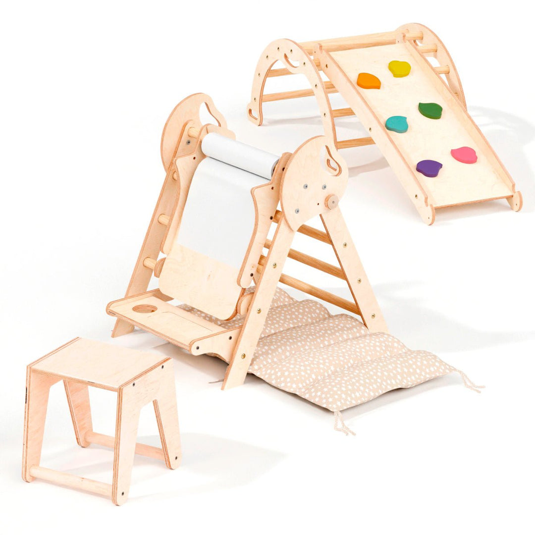 Set 4in1 Montessori per arrampicata: Triangolo di Pikler, Arco, Tavola scivolo e Cuscino – per bambini da 1 a 3 anni - Goodevas IT