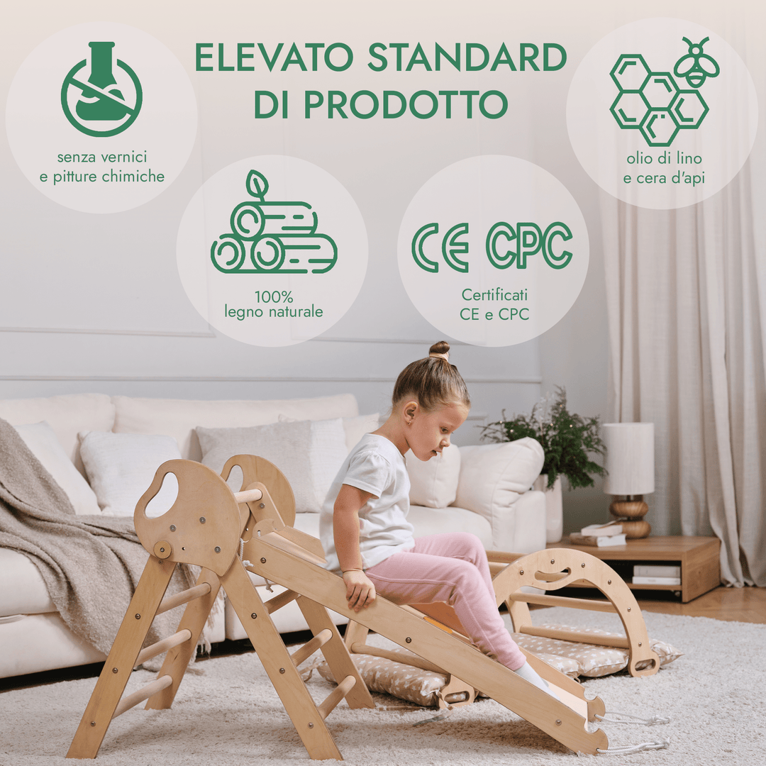 Set 4in1 Montessori per arrampicata: Triangolo di Pikler, Arco, Tavola scivolo e Cuscino – per bambini da 1 a 3 anni - Goodevas IT