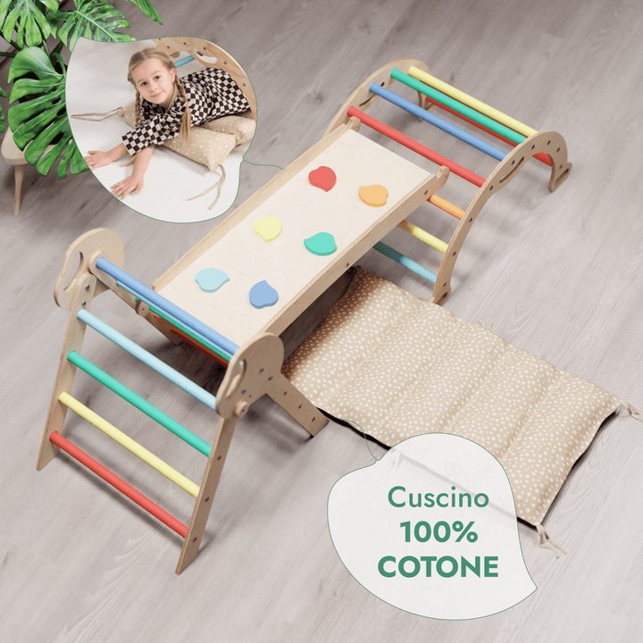 Set 4in1 Montessori per arrampicata: Triangolo di Pikler, Arco, Tavola scivolo e Cuscino – per bambini da 1 a 3 anni - Arcobaleno - Goodevas IT