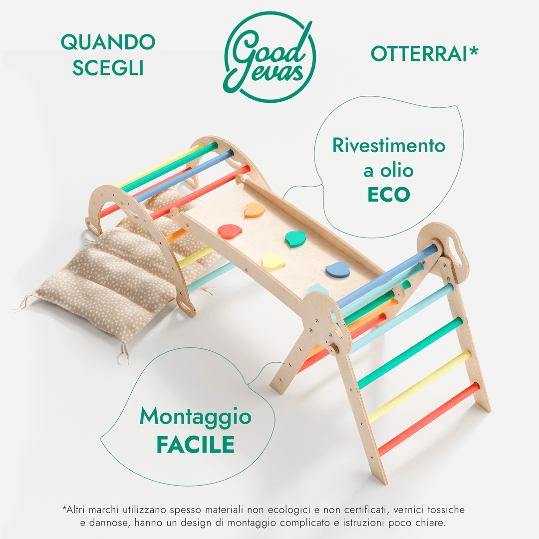 Set 4in1 Montessori per arrampicata: Triangolo di Pikler, Arco, Tavola scivolo e Cuscino – per bambini da 1 a 3 anni - Arcobaleno - Goodevas IT