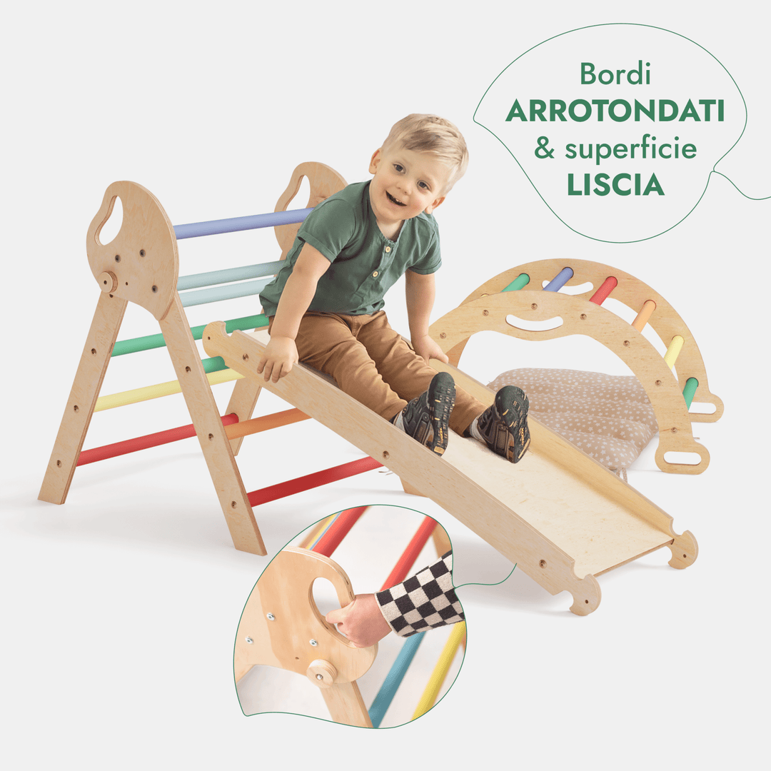 Set 4in1 Montessori per arrampicata: Triangolo di Pikler, Arco, Tavola scivolo e Cuscino – per bambini da 1 a 3 anni - Arcobaleno - Goodevas IT
