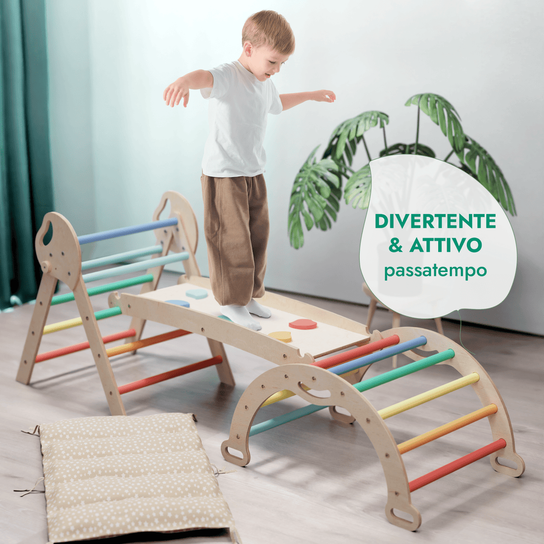 Set 4in1 Montessori per arrampicata: Triangolo di Pikler, Arco, Tavola scivolo e Cuscino – per bambini da 1 a 3 anni - Arcobaleno - Goodevas IT
