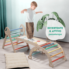 Set 4in1 Montessori per arrampicata: Triangolo di Pikler, Arco, Tavola scivolo e Cuscino – per bambini da 1 a 3 anni - Arcobaleno - Goodevas IT
