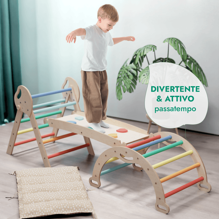 Set 4in1 Montessori per arrampicata: Triangolo di Pikler, Arco, Tavola scivolo e Cuscino – per bambini da 1 a 3 anni - Arcobaleno - Goodevas IT