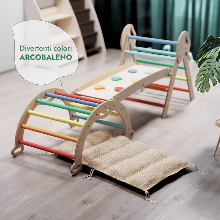 Set 4in1 Montessori per arrampicata: Triangolo di Pikler, Arco, Tavola scivolo e Cuscino – per bambini da 1 a 3 anni - Arcobaleno - Goodevas IT