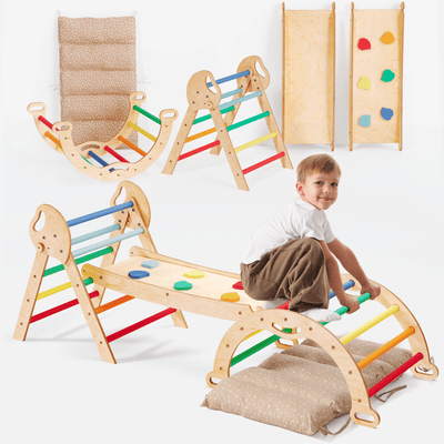 Set 5in1 Montessori per arrampicata: Triangolo di Pikler, Arco, Tavola scivolo e Cuscino – per bambini da 1 a 3 anni - Arcobaleno