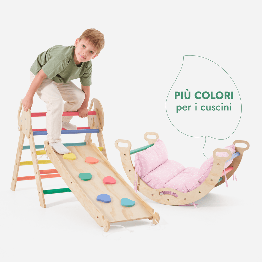 Set 4in1 Montessori per arrampicata: Triangolo di Pikler, Arco, Tavola scivolo e Cuscino – per bambini da 1 a 3 anni - Arcobaleno - Goodevas IT