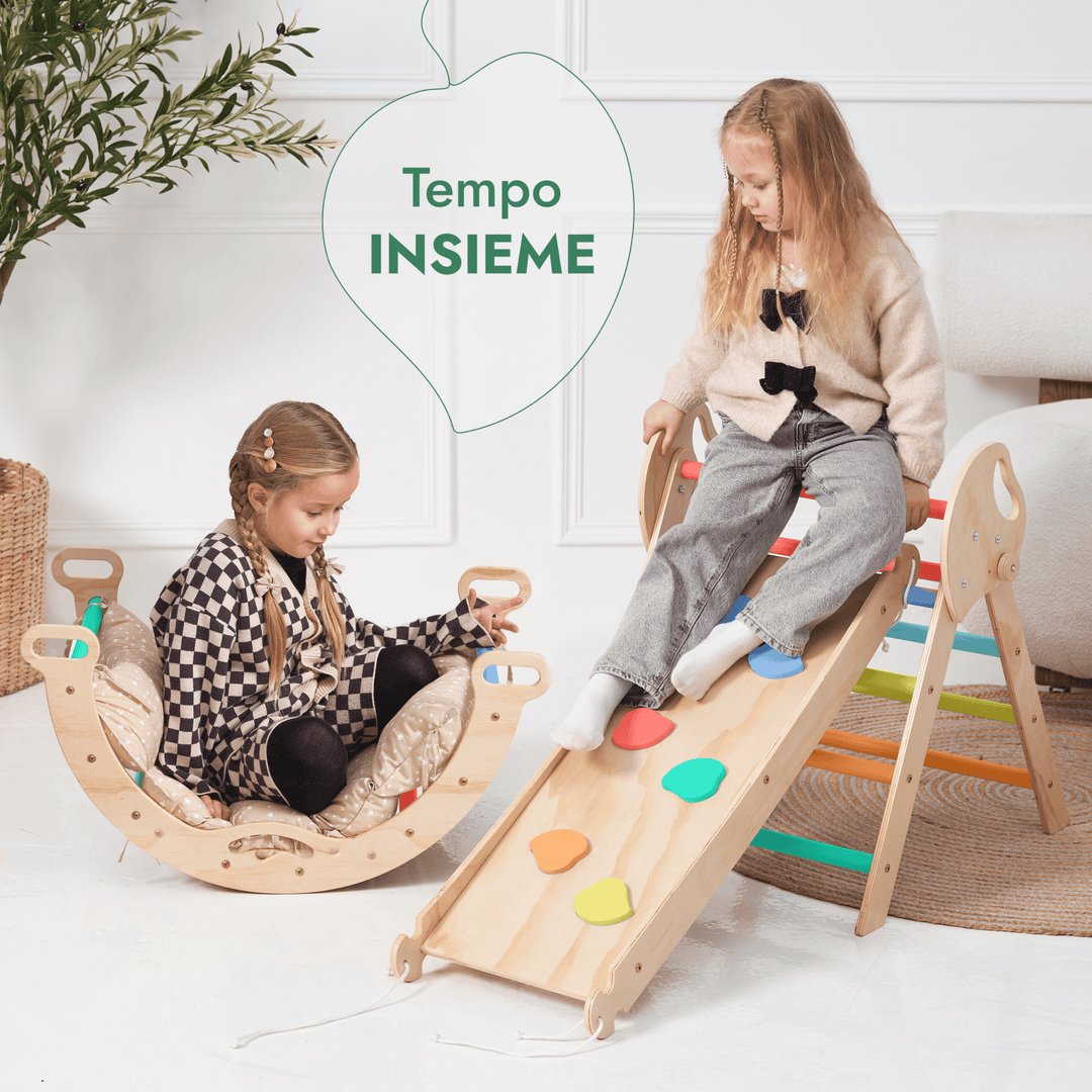 Set 4in1 Montessori per arrampicata: Triangolo di Pikler, Arco, Tavola scivolo e Cuscino – per bambini da 1 a 3 anni - Arcobaleno - Goodevas IT