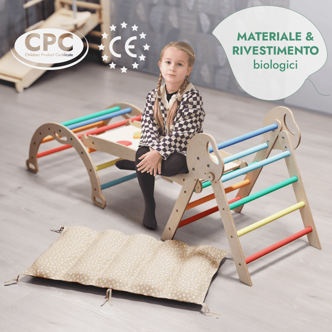 Set 4in1 Montessori per arrampicata: Triangolo di Pikler, Arco, Tavola scivolo e Cuscino – per bambini da 1 a 3 anni - Arcobaleno - Goodevas IT