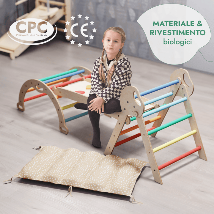 Set 4in1 Montessori per arrampicata: Triangolo di Pikler, Arco, Tavola scivolo e Cuscino – per bambini da 1 a 3 anni - Arcobaleno - Goodevas IT