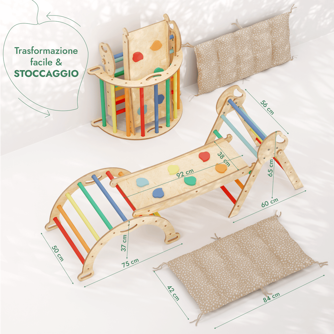Set 4in1 Montessori per arrampicata: Triangolo di Pikler, Arco, Tavola scivolo e Cuscino – per bambini da 1 a 3 anni - Arcobaleno - Goodevas IT