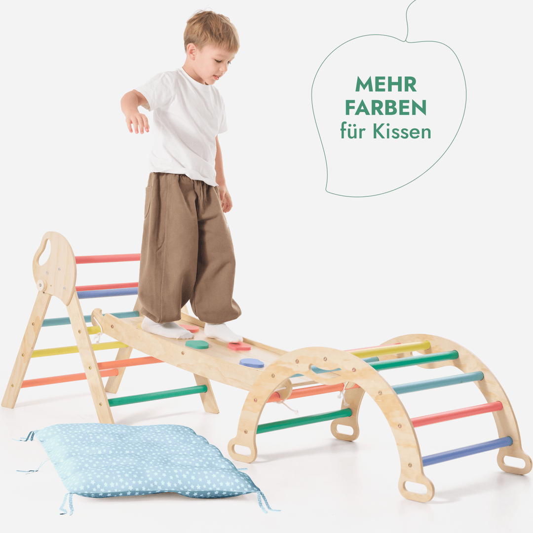 Set 4in1 Montessori per arrampicata: Triangolo di Pikler, Arco, Tavola scivolo e Cuscino – per bambini da 1 a 3 anni - Arcobaleno - Goodevas IT