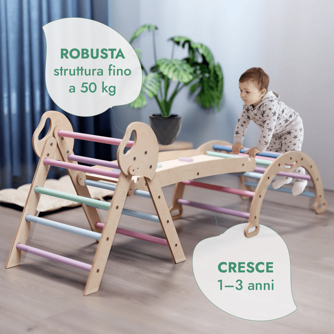 Set 4in1 Montessori per arrampicata: Triangolo di Pikler, Arco, Tavola scivolo e Cuscino – per bambini da 1 a 3 anni - Pastello - Goodevas IT