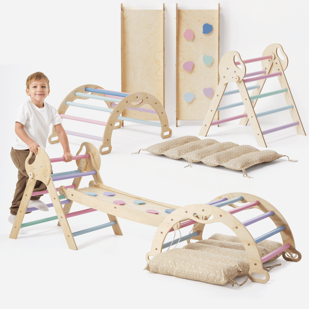 Set 4in1 Montessori per arrampicata: Triangolo di Pikler, Arco, Tavola scivolo e Cuscino – per bambini da 1 a 3 anni - Pastello - Goodevas IT