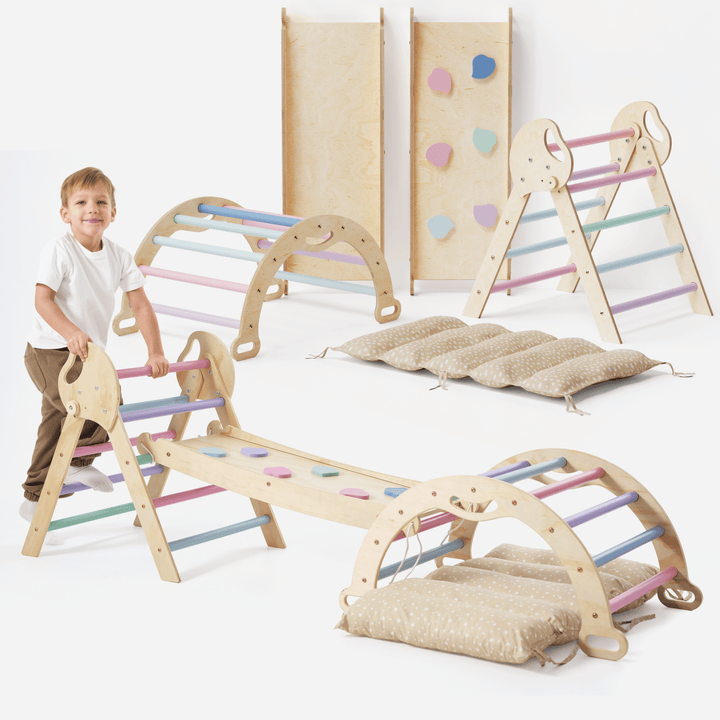 Set 4in1 Montessori per arrampicata: Triangolo di Pikler, Arco, Tavola scivolo e Cuscino – per bambini da 1 a 3 anni - Pastello - Goodevas IT