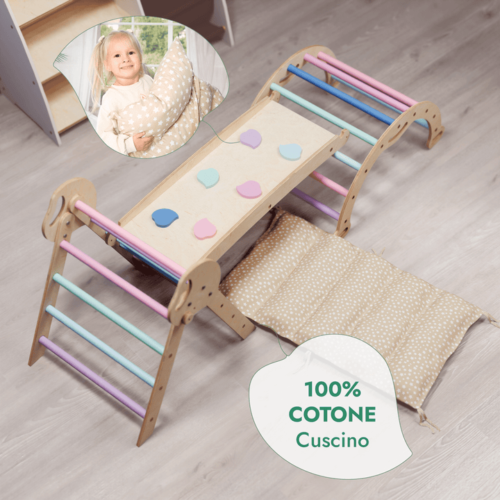 Set 4in1 Montessori per arrampicata: Triangolo di Pikler, Arco, Tavola scivolo e Cuscino – per bambini da 1 a 3 anni - Pastello - Goodevas IT