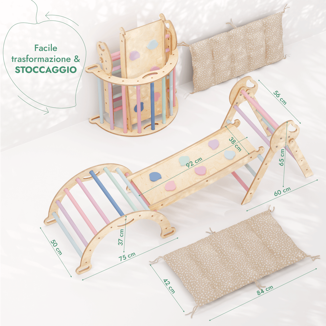 Set 4in1 Montessori per arrampicata: Triangolo di Pikler, Arco, Tavola scivolo e Cuscino – per bambini da 1 a 3 anni - Pastello - Goodevas IT