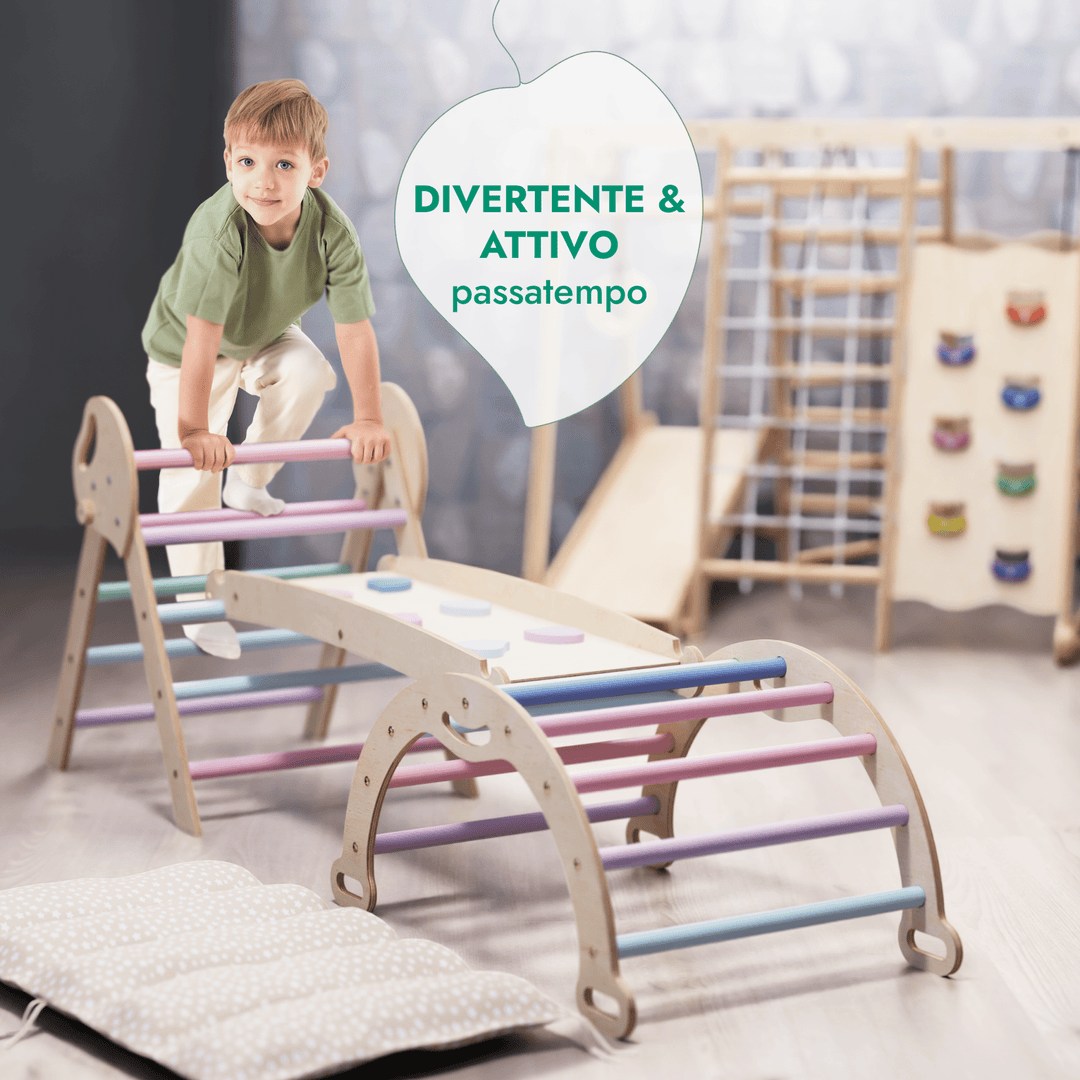 Set 4in1 Montessori per arrampicata: Triangolo di Pikler, Arco, Tavola scivolo e Cuscino – per bambini da 1 a 3 anni - Pastello - Goodevas IT