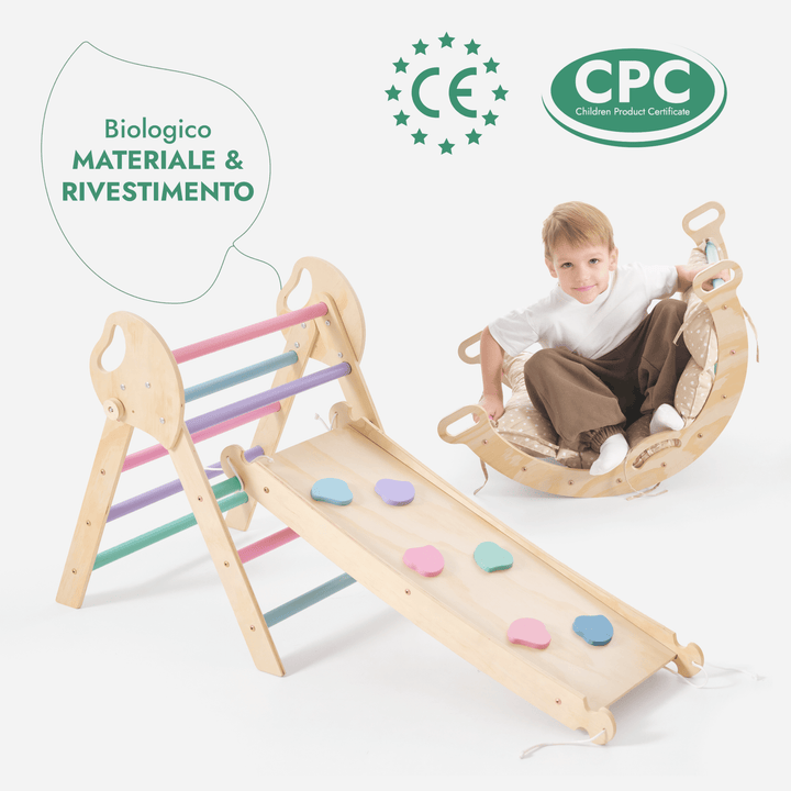 Set 4in1 Montessori per arrampicata: Triangolo di Pikler, Arco, Tavola scivolo e Cuscino – per bambini da 1 a 3 anni - Pastello - Goodevas IT