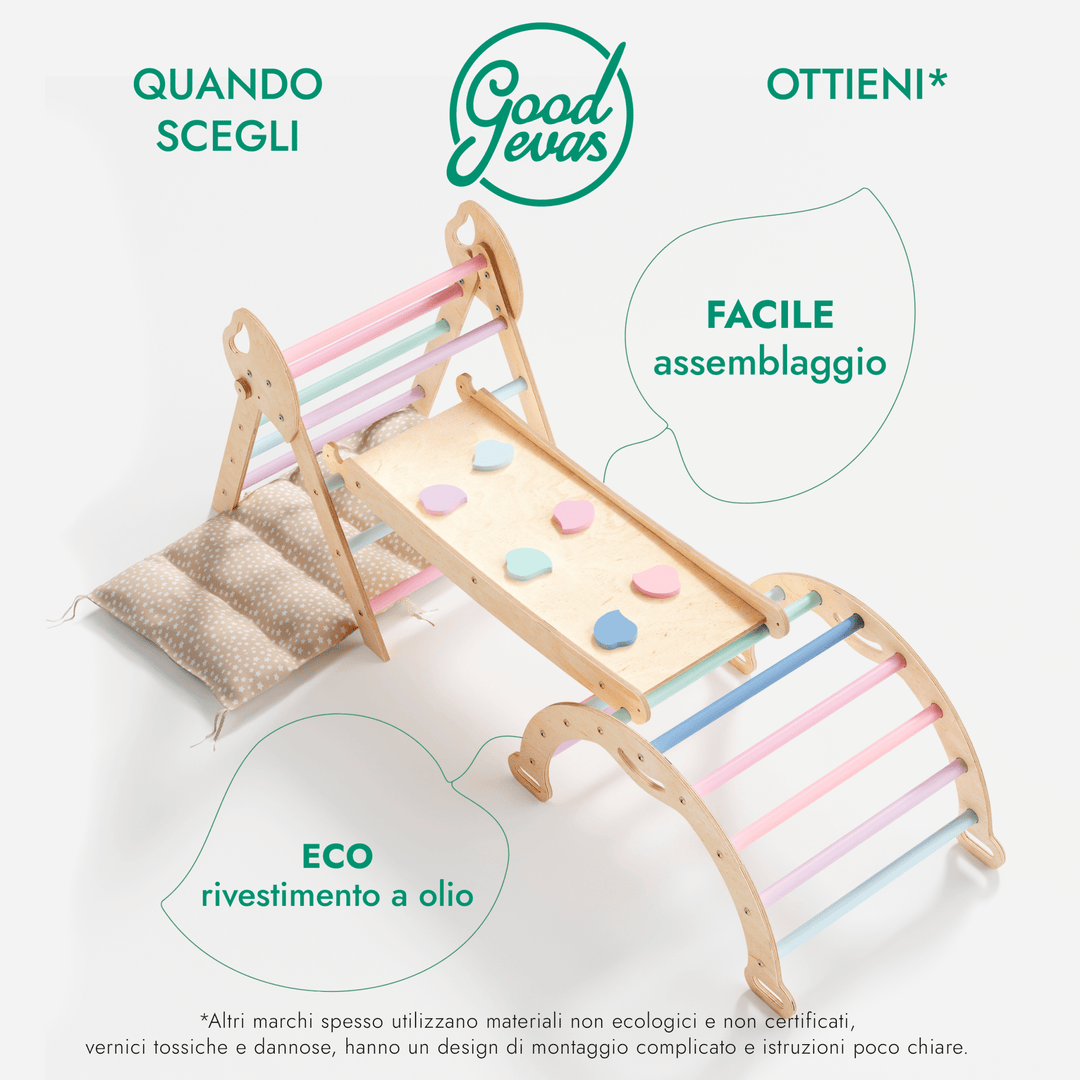Set 4in1 Montessori per arrampicata: Triangolo di Pikler, Arco, Tavola scivolo e Cuscino – per bambini da 1 a 3 anni - Pastello - Goodevas IT