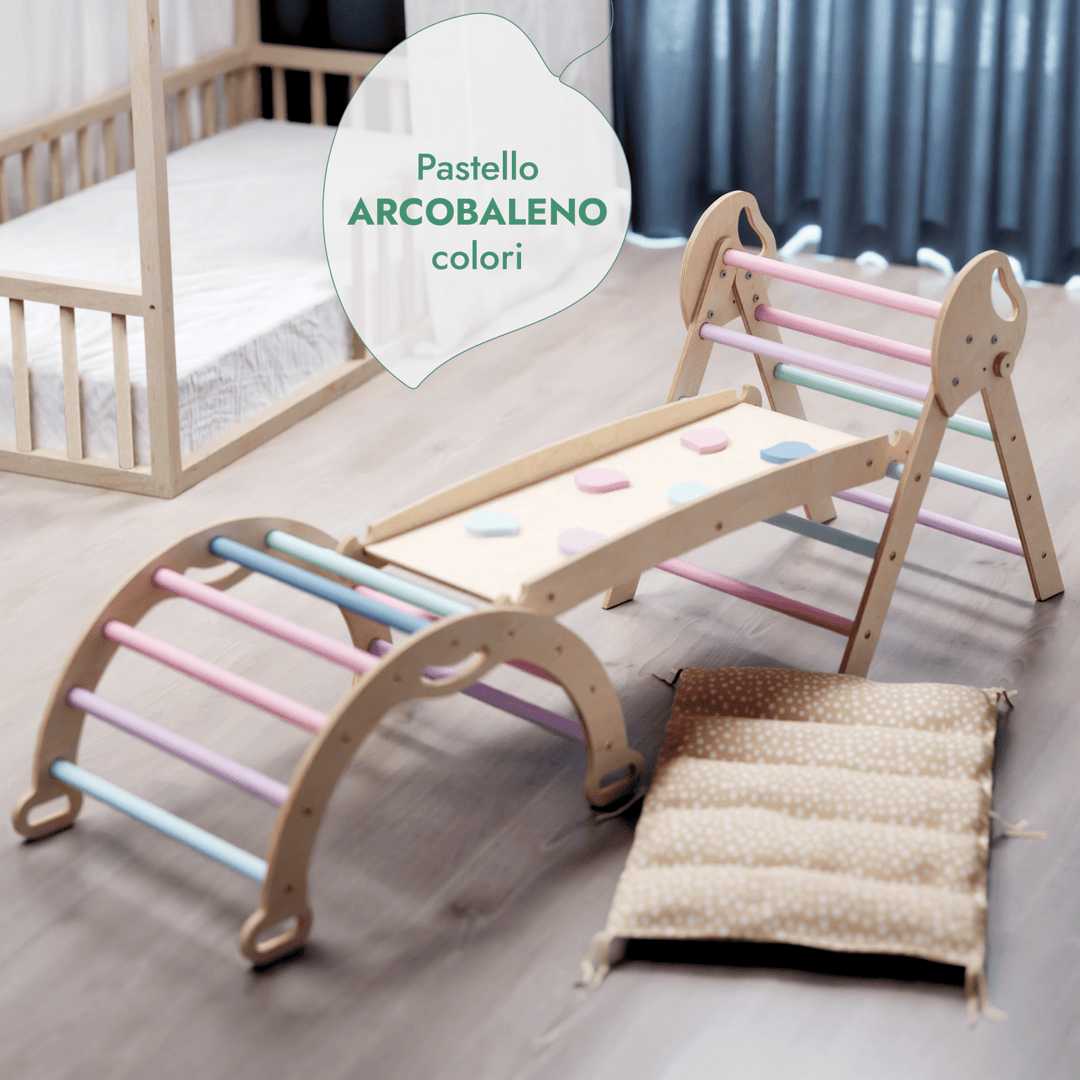 Set 4in1 Montessori per arrampicata: Triangolo di Pikler, Arco, Tavola scivolo e Cuscino – per bambini da 1 a 3 anni - Pastello - Goodevas IT