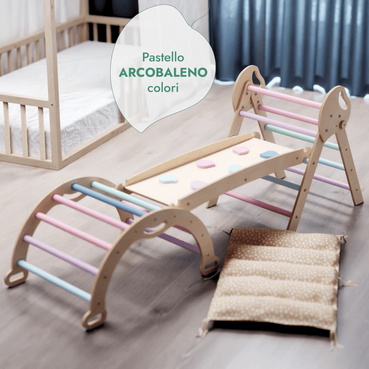 Set 4in1 Montessori per arrampicata: Triangolo di Pikler, Arco, Tavola scivolo e Cuscino – per bambini da 1 a 3 anni - Pastello - Goodevas IT