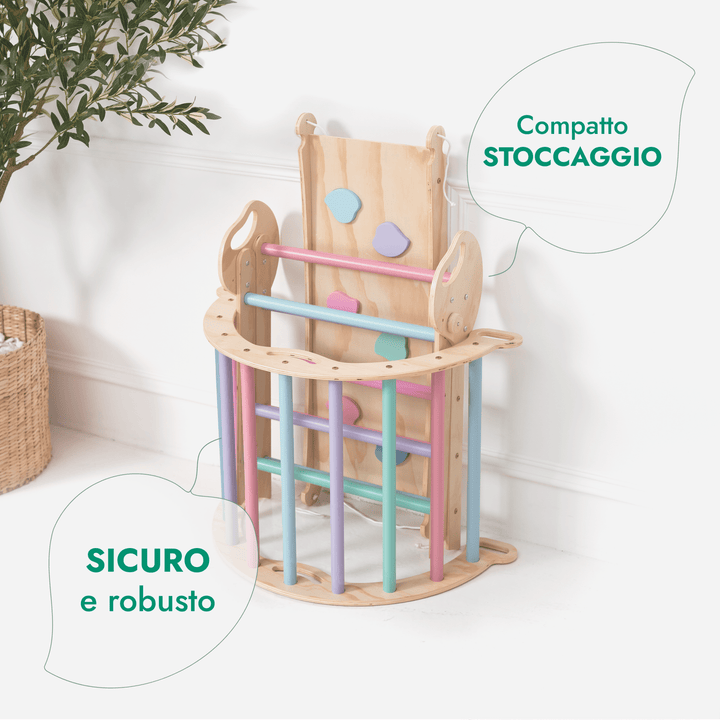 Set 4in1 Montessori per arrampicata: Triangolo di Pikler, Arco, Tavola scivolo e Cuscino – per bambini da 1 a 3 anni - Pastello - Goodevas IT