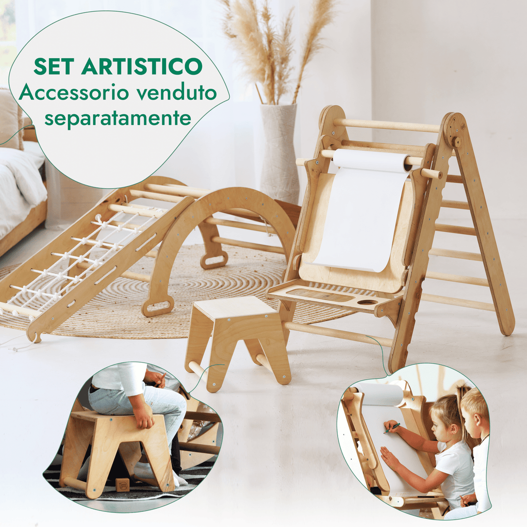 Set 4in1 Rampicante Montessor: Scala a Triangolo + Arco/Dondolo + Tavola/Rampa Scorrevole + Corda da Arrampicata - Goodevas IT