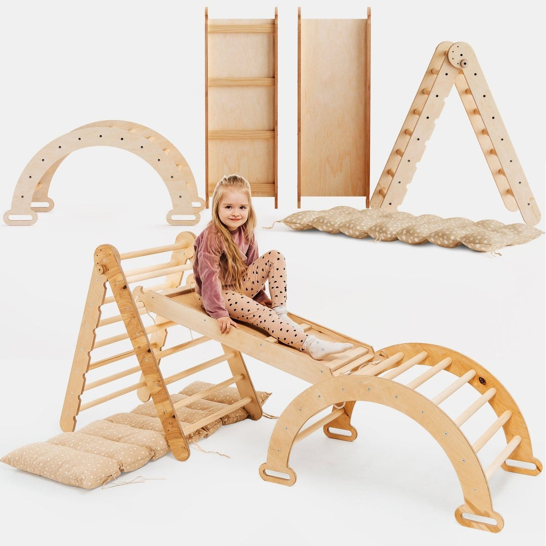 Set 4in1 Rampicante: Scala a Triangolo + Arco da Arrampicata + Tappetino Scivolo + Cuscino Beige - Goodevas IT