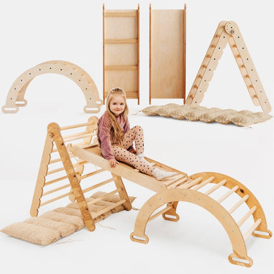 Set 4in1 Rampicante: Scala a Triangolo + Arco da Arrampicata + Tappetino Scivolo + Cuscino Beige