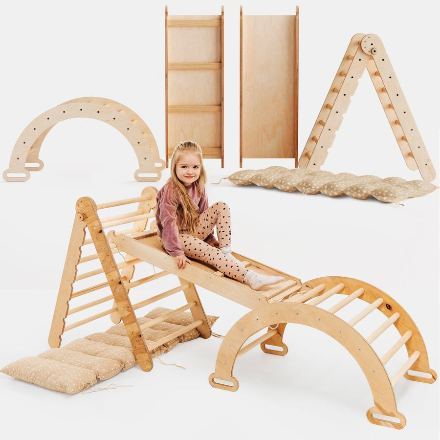 Set 4in1 Rampicante: Scala a Triangolo + Arco da Arrampicata + Tappetino Scivolo + Cuscino Beige - Goodevas IT