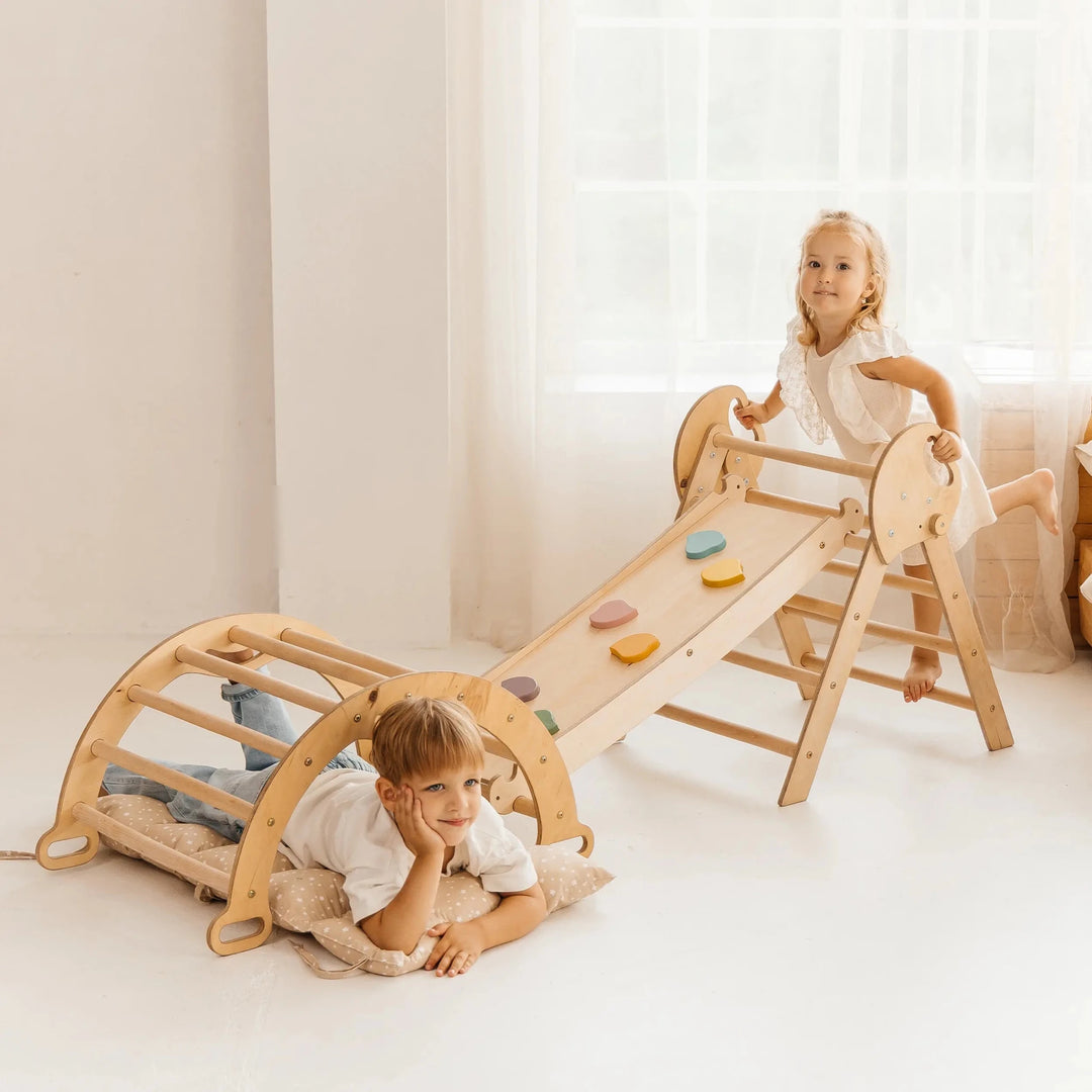 Set 5in1 Montessori per arrampicata: Triangolo di Pikler, Arco, Tavola scivolo e Cuscino – per bambini da 1 a 3 anni - Goodevas IT