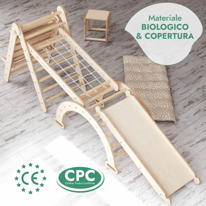 Set 6in1 Rampicante: Scala a Triangolo + Arco/Dondolo + Scivolo/Rampa + Rete + Cuscino + Aggiunta Artistica - Goodevas IT