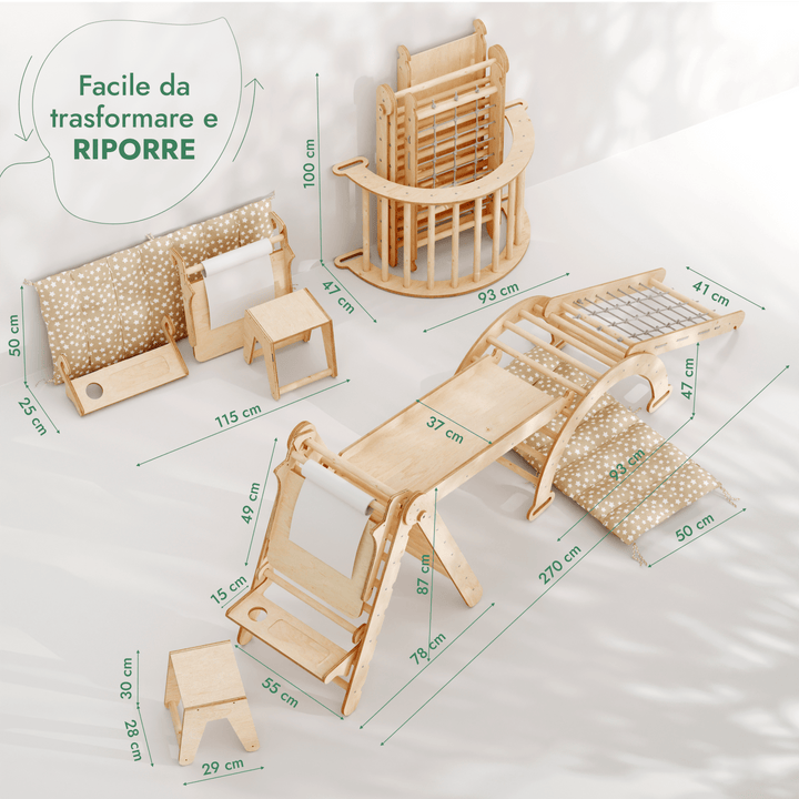 Set 6in1 Rampicante: Scala a Triangolo + Arco/Dondolo + Scivolo/Rampa + Rete + Cuscino + Aggiunta Artistica - Goodevas IT