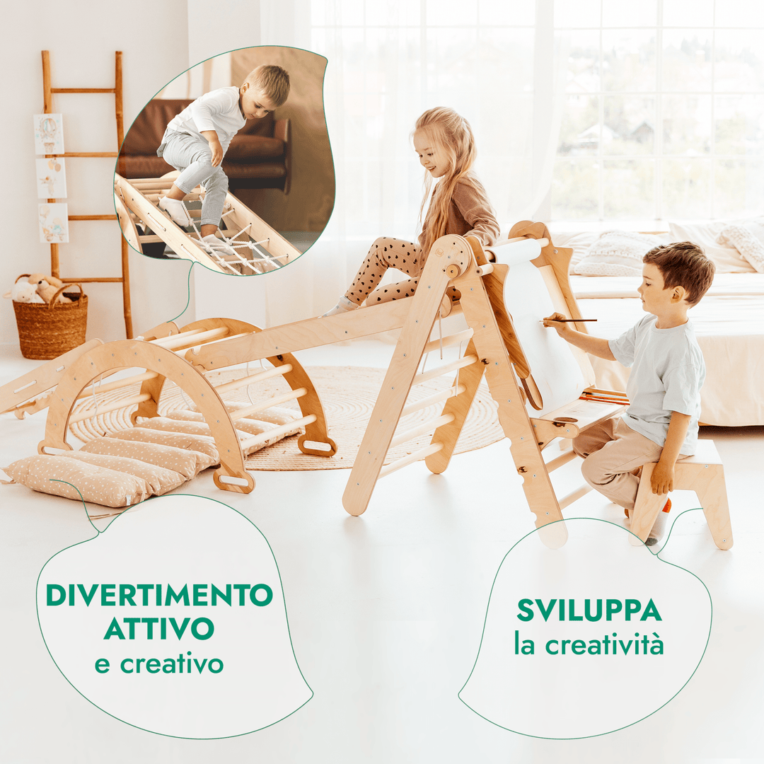 Set 6in1 Rampicante: Scala a Triangolo + Arco/Dondolo + Scivolo/Rampa + Rete + Cuscino + Aggiunta Artistica - Goodevas IT