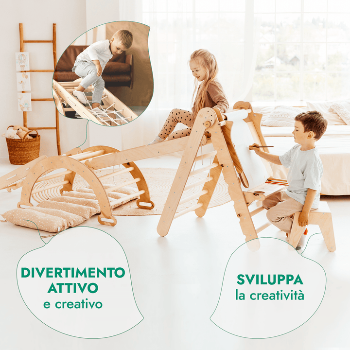 Set 6in1 Rampicante: Scala a Triangolo + Arco/Dondolo + Scivolo/Rampa + Rete + Cuscino + Aggiunta Artistica - Goodevas IT