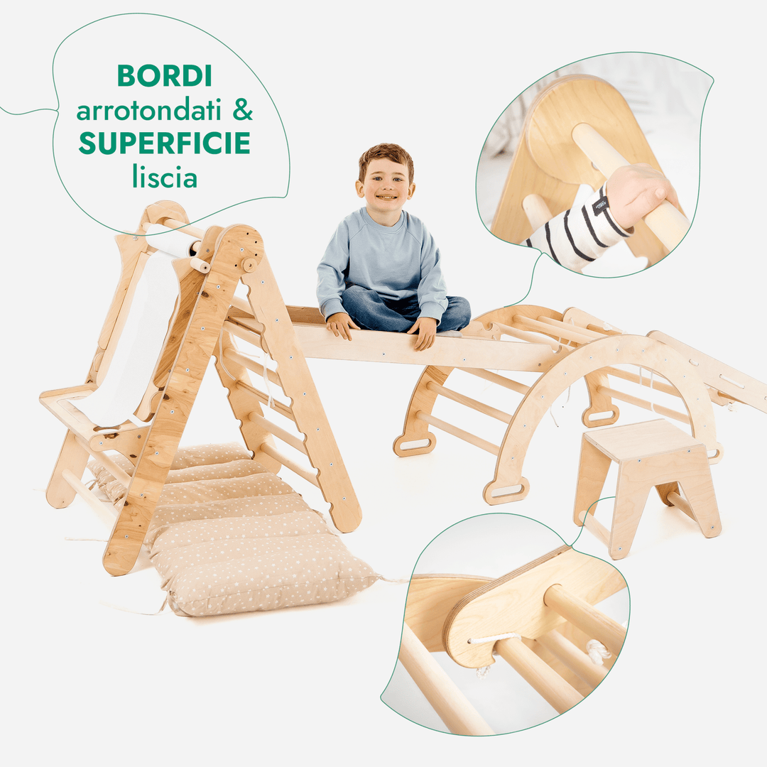 Set 6in1 Rampicante: Scala a Triangolo + Arco/Dondolo + Scivolo/Rampa + Rete + Cuscino + Aggiunta Artistica - Goodevas IT