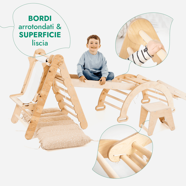 Set 6in1 Rampicante: Scala a Triangolo + Arco/Dondolo + Scivolo/Rampa + Rete + Cuscino + Aggiunta Artistica - Goodevas IT