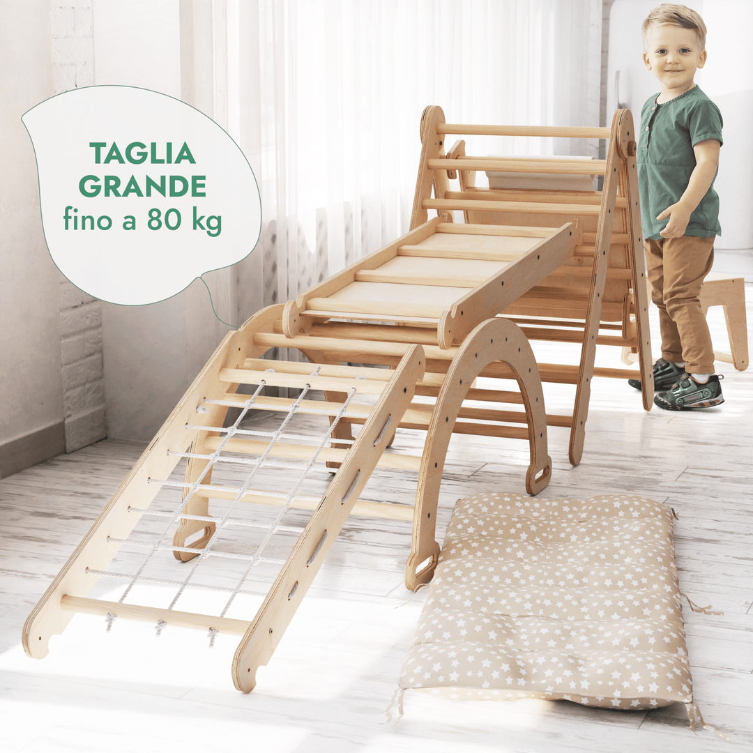 Set 6in1 Rampicante: Scala a Triangolo + Arco/Dondolo + Scivolo/Rampa + Rete + Cuscino + Aggiunta Artistica - Goodevas IT