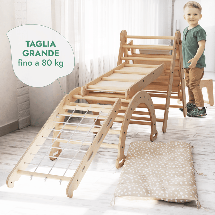Set 6in1 Rampicante: Scala a Triangolo + Arco/Dondolo + Scivolo/Rampa + Rete + Cuscino + Aggiunta Artistica - Goodevas IT