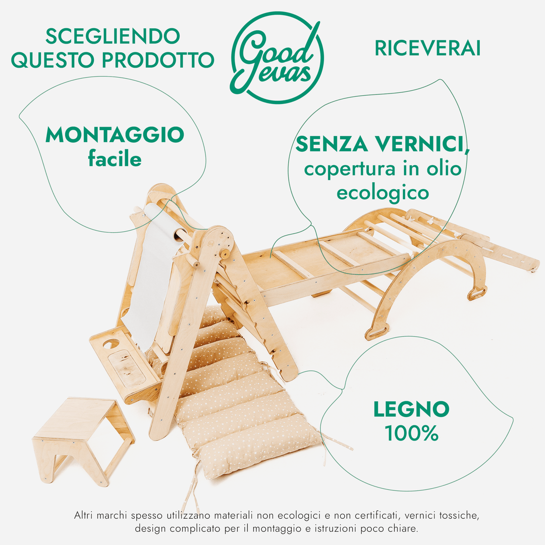 Set 6in1 Rampicante: Scala a Triangolo + Arco/Dondolo + Scivolo/Rampa + Rete + Cuscino + Aggiunta Artistica - Goodevas IT