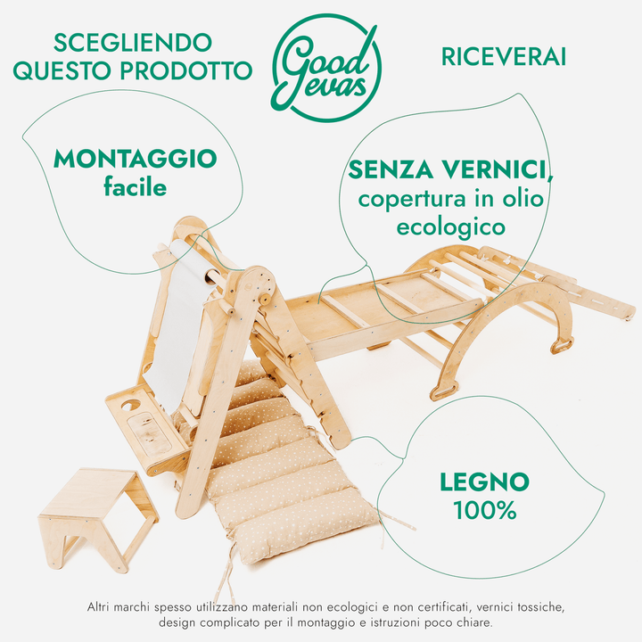 Set 6in1 Rampicante: Scala a Triangolo + Arco/Dondolo + Scivolo/Rampa + Rete + Cuscino + Aggiunta Artistica - Goodevas IT