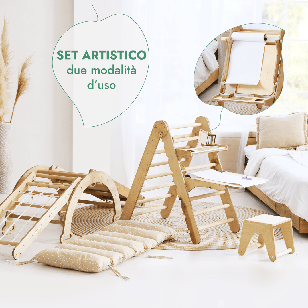 Set 6in1 Rampicante: Scala a Triangolo + Arco/Dondolo + Scivolo/Rampa + Rete + Cuscino + Aggiunta Artistica - Goodevas IT