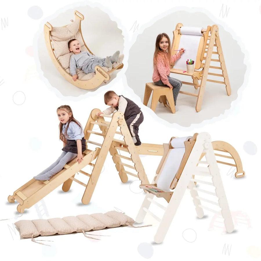 Set 6in1 Rampicante: Scala a Triangolo + Arco/Dondolo + Scivolo/Rampa + Rete + Cuscino + Aggiunta Artistica - Goodevas IT