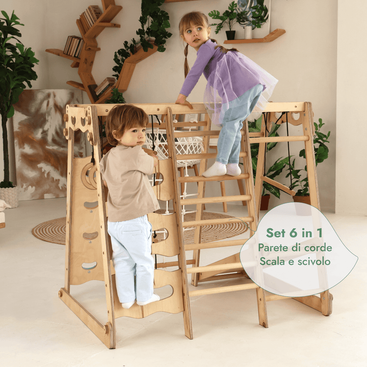 Set da Gioco Coperto per bambini 6in1: Parco Giochi + Altalena Doppia + Scivolo + Corda da Arrampicata + Scale - Goodevas IT