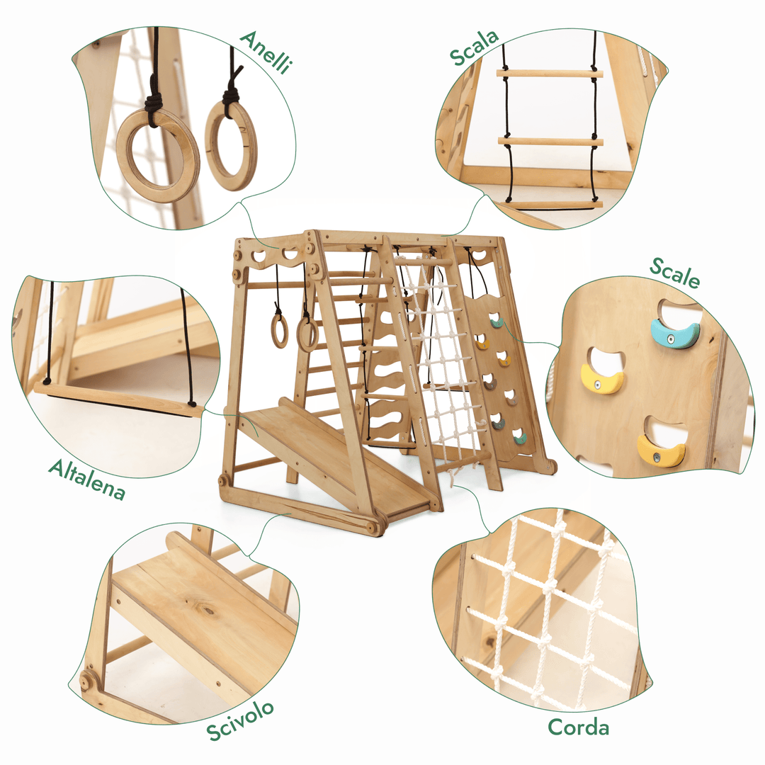 Set da Gioco Coperto per bambini 6in1: Parco Giochi + Altalena Doppia + Scivolo + Corda da Arrampicata + Scale - Goodevas IT