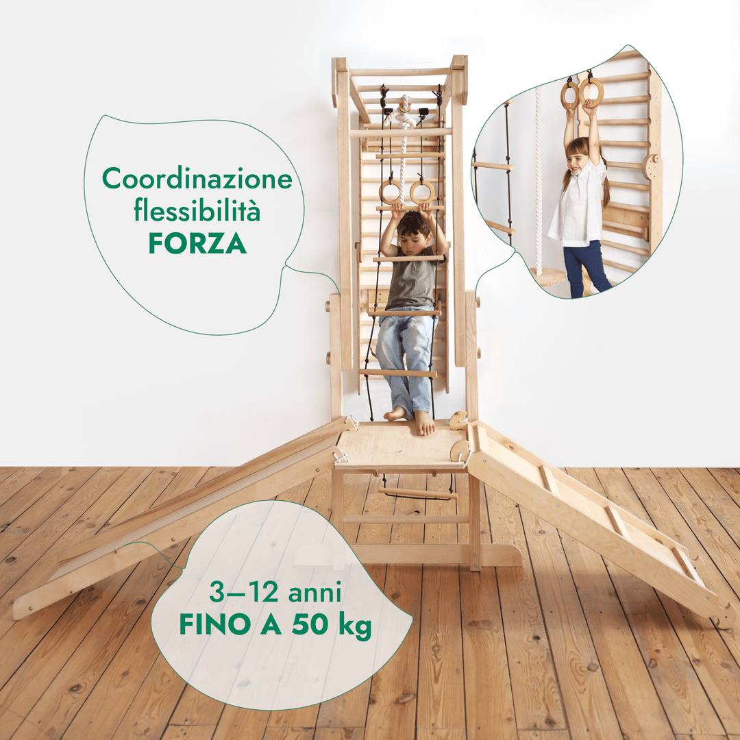 Set da Gioco nella Giungla per Bambini 7in1: Spalliere Svedesi + Strutture per Arrampicata + Set Altalena + Tappetino + Rampa - Goodevas IT