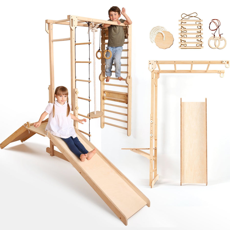 Set da Gioco nella Giungla per Bambini 7in1: Spalliere Svedesi + Strutture per Arrampicata + Set Altalena + Tappetino + Rampa - Goodevas IT